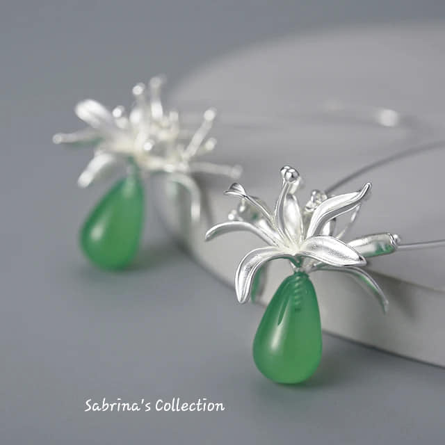 Sabrina`S Collection | 925 Silver Sterling Natural  Agate Gemstone Long Lily Flower  Dangle Earrings